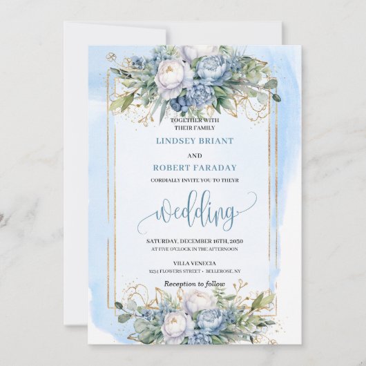 Modern pastel blue gold flowers wedding invitation 招待状 (正面)