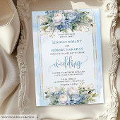 Modern pastel blue gold flowers wedding invitation 招待状
