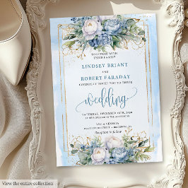 Modern pastel blue gold flowers wedding invitation 招待状