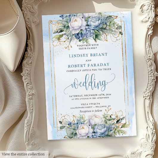 Modern pastel blue gold flowers wedding invitation 招待状