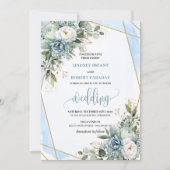 Modern Pastel Blue Gold Peonies Wedding Invitation 招待状 (正面)