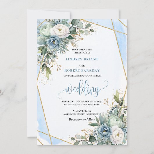 Modern Pastel Blue Gold Peonies Wedding Invitation 招待状 (正面)