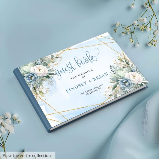 Modern Pastel Blue Peonies Gold Wedding Guest Book ゲストブック