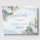 Modern Pastel Blue Peonies Gold Wedding Guest Book ゲストブック (正面)