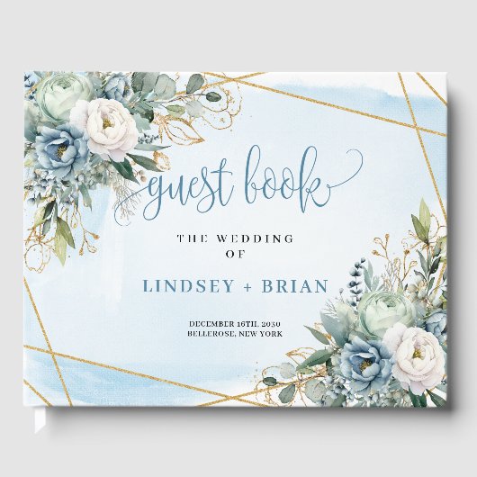 Modern Pastel Blue Peonies Gold Wedding Guest Book ゲストブック (正面)