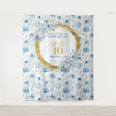 Modern Pastel Blue Sweet 16 Gold Glitter Backdrop タペストリー (正面)