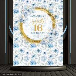 Modern Pastel Blue Sweet 16 Gold Glitter Backdrop タペストリー
