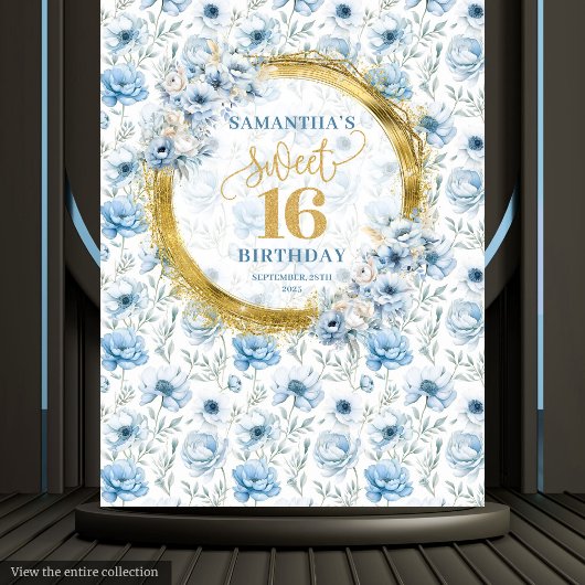 Modern Pastel Blue Sweet 16 Gold Glitter Backdrop タペストリー