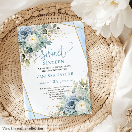 Modern pastel blue white floral sweet 16 invite 招待状