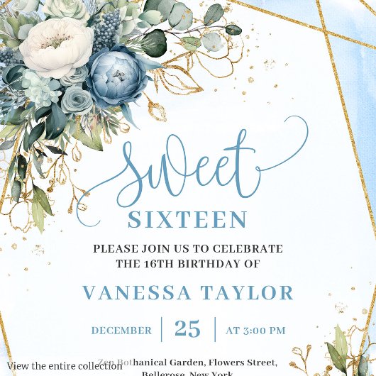 Modern pastel blue white floral sweet 16 invite 招待状