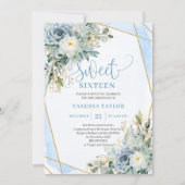 Modern pastel blue white floral sweet 16 invite 招待状 (正面)