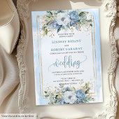 Modern Pastel Blue White Gold Flowers Wedding 招待状