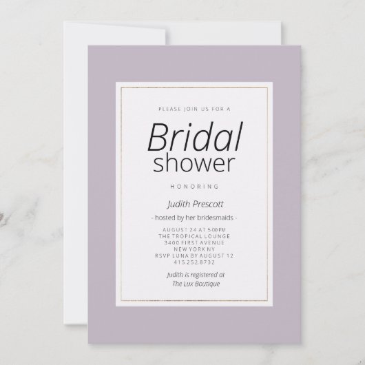 Modern pastel lavender minimalist Bridal Shower 招待状 (正面)