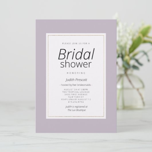 Modern pastel lavender minimalist Bridal Shower 招待状 (スタンド正面)