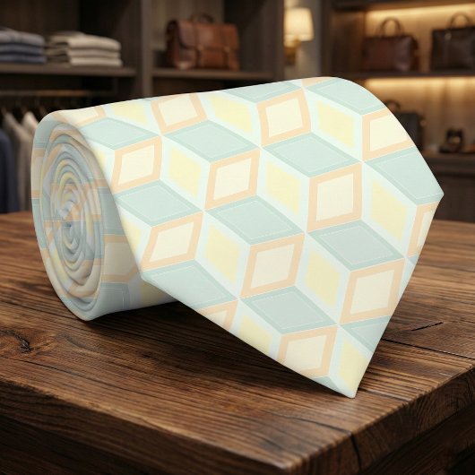 Modern Pastel Mint Green Peach Geometric 3D Cube ネクタイ