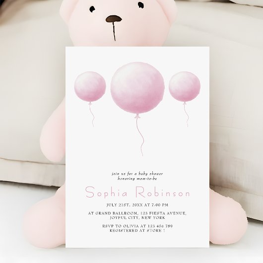Modern Pastel Pink Balloons Baby Girl Shower 招待状