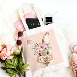 Modern Pastel Pink Watercolor Bunny With Flowers トートバッグ