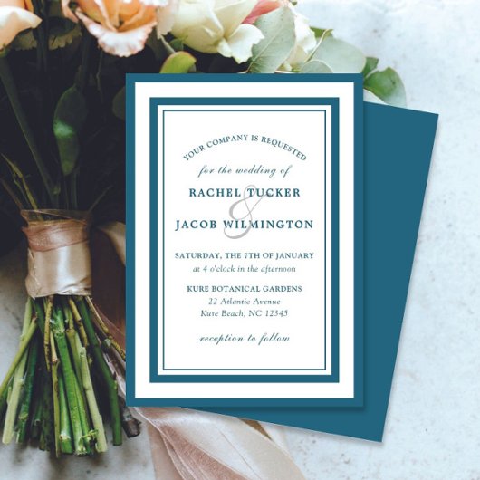 Modern Patina Blue & White Border Simple Wedding 招待状