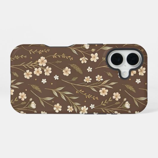Modern Pattern Wildflowers Brown Background iPhone 16ケース (裏面横)