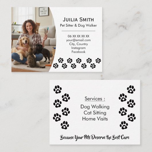 Modern Paw Print Photo Pet Sitter & Dog Walker  名刺 (正面/裏面)