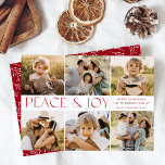 Modern Peace and Joy Photo Collage シーズンカード<br><div class="desc">Colorful and modern holiday card featuring a 6 photo collage of your favorite family photos. "Peace and Joy" is displayed in alternating red and cranberry lettering. Personalize the front of the card by adding a custom holiday greeting, name, and the year. The card reverses to display a white winter foliage...</div>