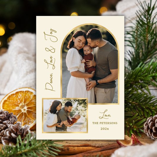 Modern Peace Love Joy Script Gold Arch 3 Photo  シーズンカード