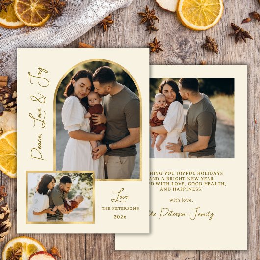 Modern Peace Love Joy Script Gold Arch 3 Photo  シーズンカード