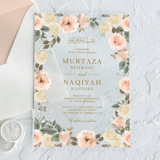 Modern Peach Floral Islamic Muslim Wedding アクリル招待状