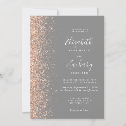 Modern Peach Glitter Gray QR Code Wedding 招待状 (正面)