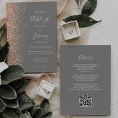 Modern Peach Glitter Gray QR Code Wedding 招待状