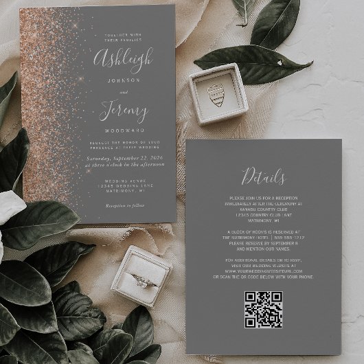 Modern Peach Glitter Gray QR Code Wedding 招待状