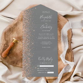 Modern Peach Glitter Gray Wedding オールインワン招待状