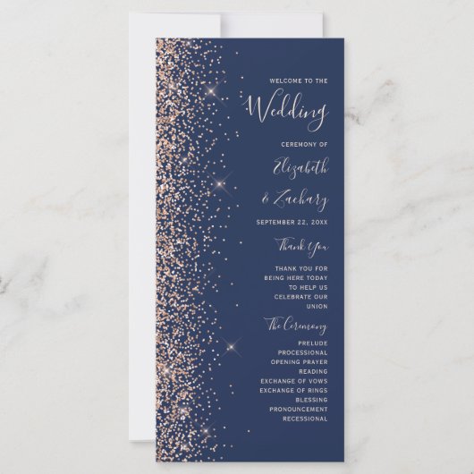 Modern Peach Glitter Navy Blue Wedding Program (正面)