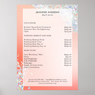 Modern Peach Silver Glitter Salon Price List Flyer ポスター
