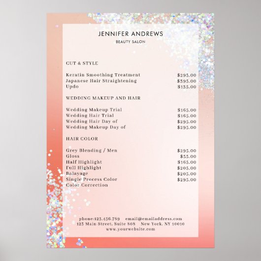 Modern Peach Silver Glitter Salon Price List Flyer ポスター (正面)