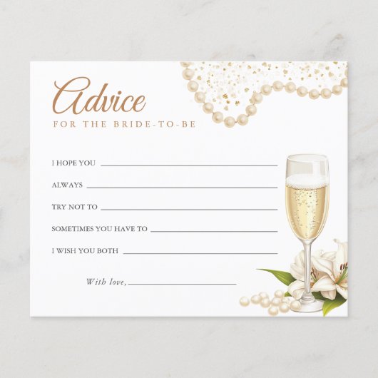 Modern Pearls & Prosecco Bridal Shower Advice Card (正面)
