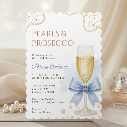 Modern Pearls & Prosecco Bridal Shower Invitation 招待状