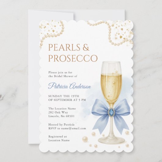 Modern Pearls & Prosecco Bridal Shower Invitation 招待状 (正面)