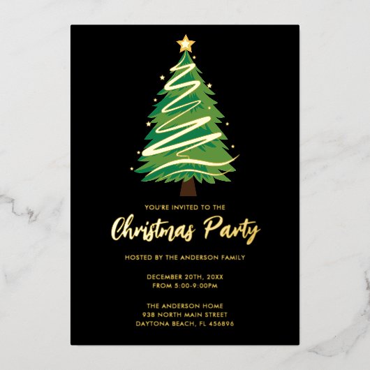 Modern Personalize Gold Red Green Tree Christmas  箔招待状 (正面)