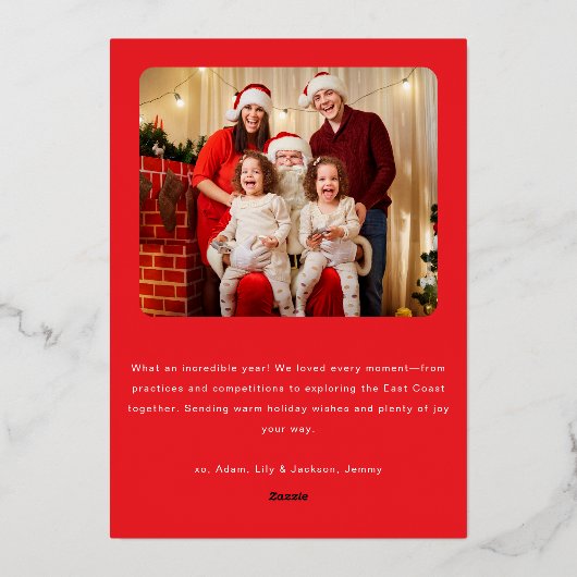 Modern Personalize Gold Red Green Tree Christmas  箔招待状 (裏面)