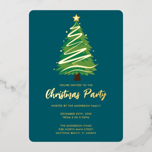 Modern Personalize Gold Red Green Tree Christmas  箔招待状 (正面)