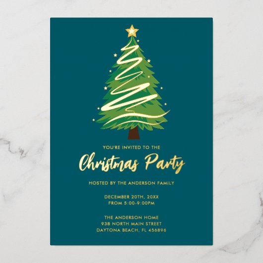 Modern Personalize Gold Red Green Tree Christmas 箔招待状 (正面)