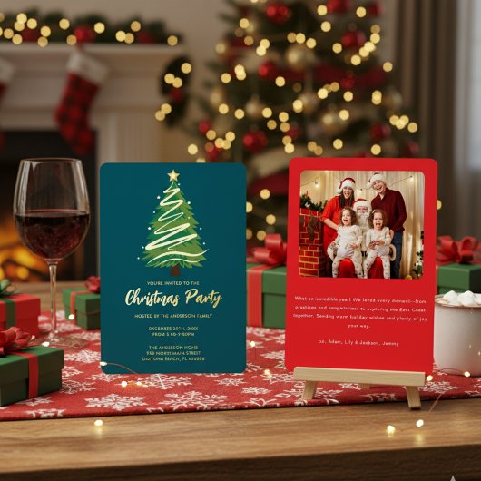 Modern Personalize Gold Red Green Tree Christmas  箔招待状