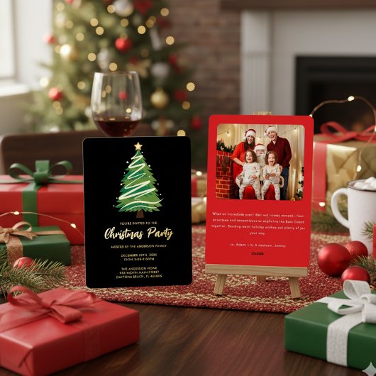 Modern Personalize Gold Red Green Tree Christmas  箔招待状