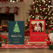 Modern Personalize Gold Red Green Tree Christmas  箔招待状