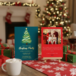 Modern Personalize Gold Red Green Tree Christmas  箔招待状