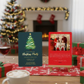 Modern Personalize Gold Red Green Tree Christmas  箔招待状