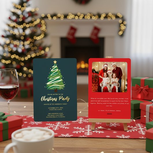 Modern Personalize Gold Red Green Tree Christmas  箔招待状