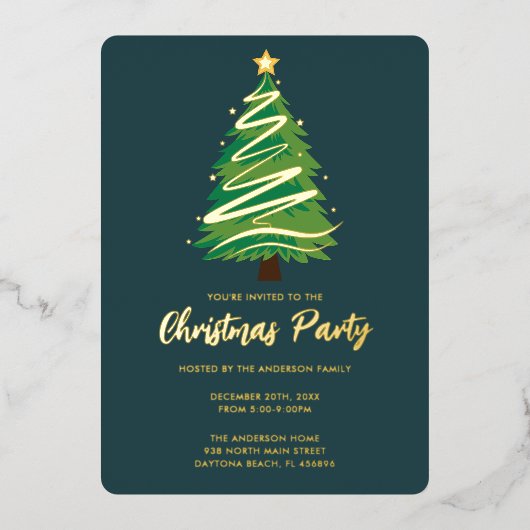 Modern Personalize Gold Red Green Tree Christmas  箔招待状 (正面)