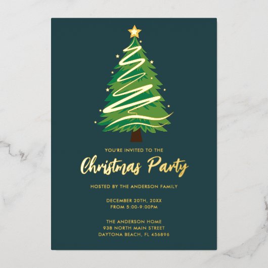 Modern Personalize Gold Red Green Tree Christmas 箔招待状 (正面)